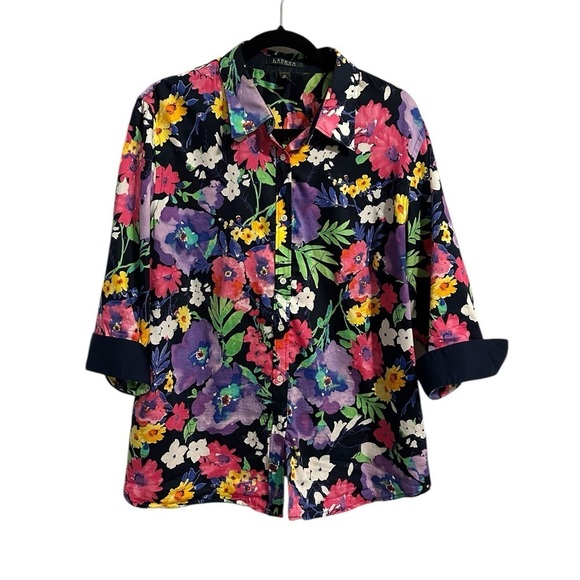Lauren Ralph Lauren Womens Floral Button Up Top Size 2X Cotton 3/4 Sleeve Spring - Picture 2 of 9